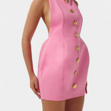 Yvonne Mini Dress with Tied Neck, Open Back and Floral Detail