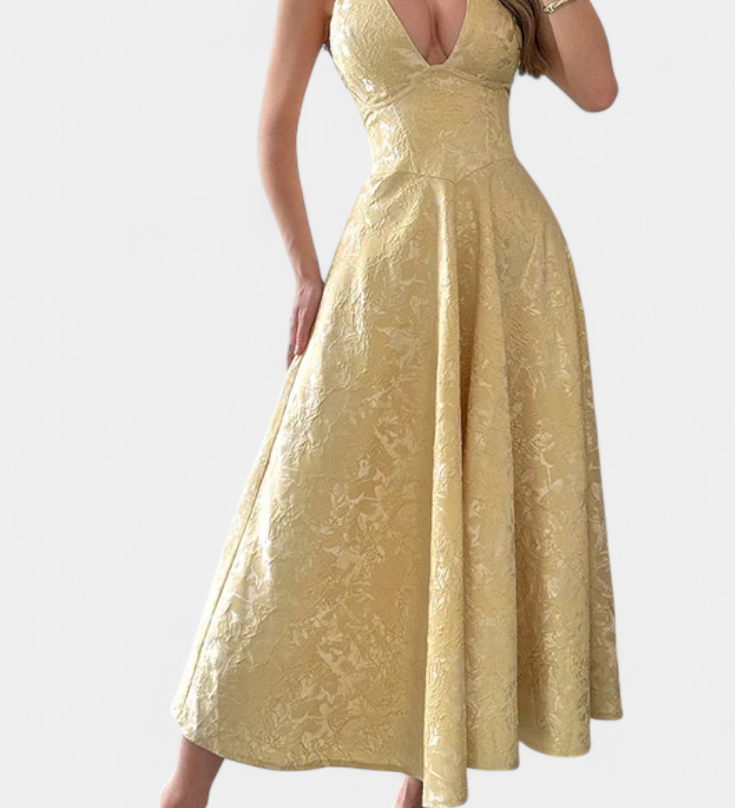 Gilda Jacquard Midi Φόρεμα με Ανοιχτή Πλάτη και Ψηλή Μέση