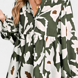 Filomena Blouse with Half Buttons, Puffed Sleeves and Abstract Floral Design