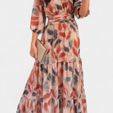 Aisha Maxi Floral Dress with Flowy Silhouette and Leaf Pattern