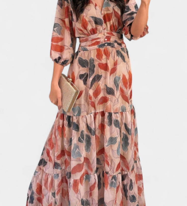 Aisha Maxi Floral Dress with Flowy Silhouette and Leaf Pattern
