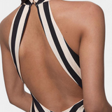 Crispina Vestido Maxi Halter Listrado com Linha Fluida