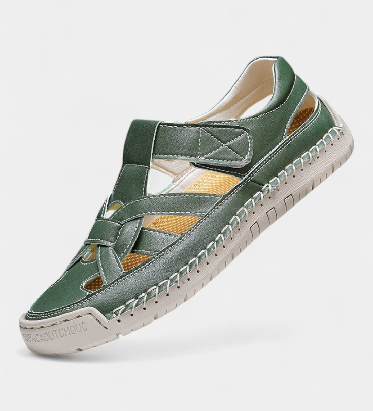 Ergonomic Kaia synthetic leather sandals cut at the side