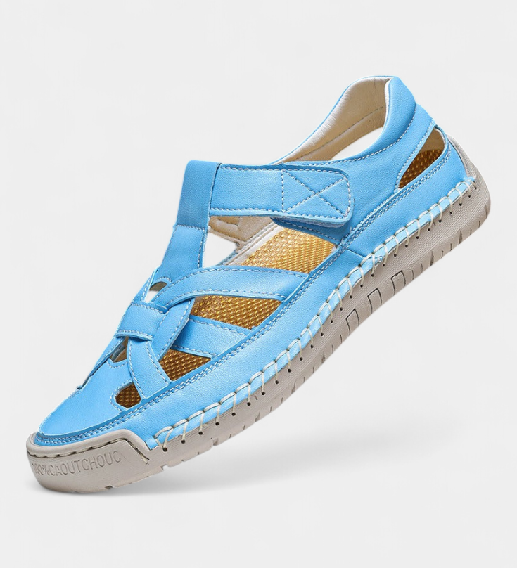 Ergonomic Kaia synthetic leather sandals cut at the side