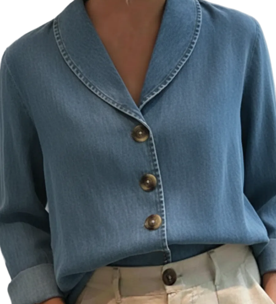 Riley - Vintage Denim Βαμβακερό Τοπ με Γιακά Σάλι και Κουμπιά