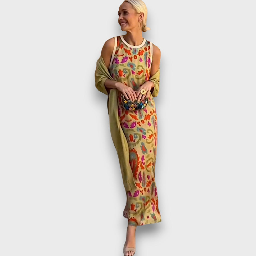 Vestido Comprido com Padrão Floral e Casaco Leve