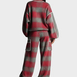 Natasa | Women's Red And Grey Plaid Brushed Distressed Street Style Trousers Set With Colourful Details